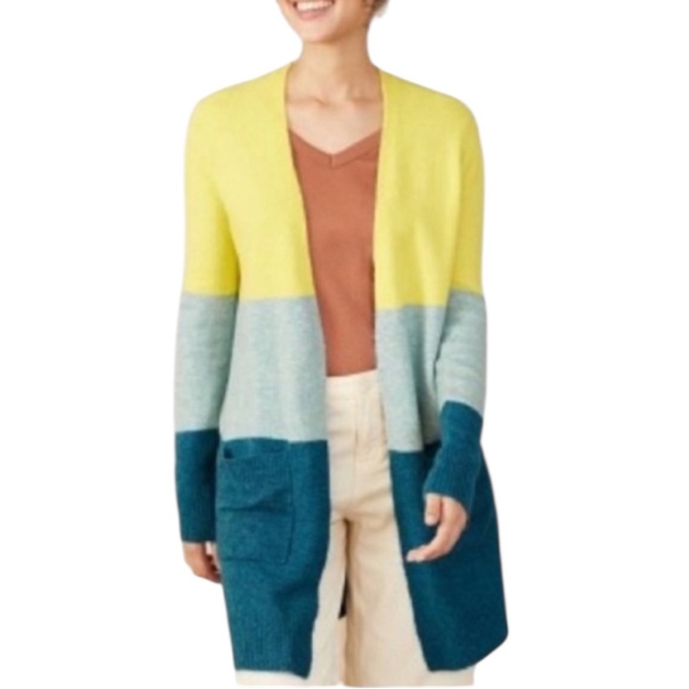 A New Day Womens Yellow Teal Colorblock Open‎ Front Long Cardigan Sweater Small